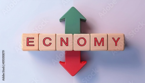 Creative representation of economy with upward and downward arrows, symbolizing growth and decline in financial markets.