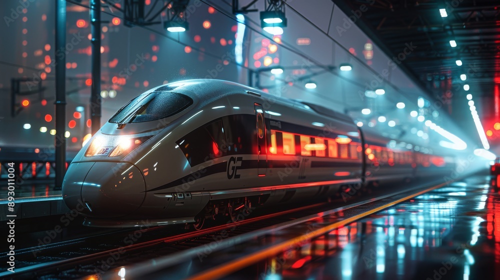 A Train Traveling Through a City at Night With Lights on the Tracks and Buildings in the Background - Generative AI A Train Traveling Through a City at Night With Lights on the Tracks and Buildings in the Background - Generative AI