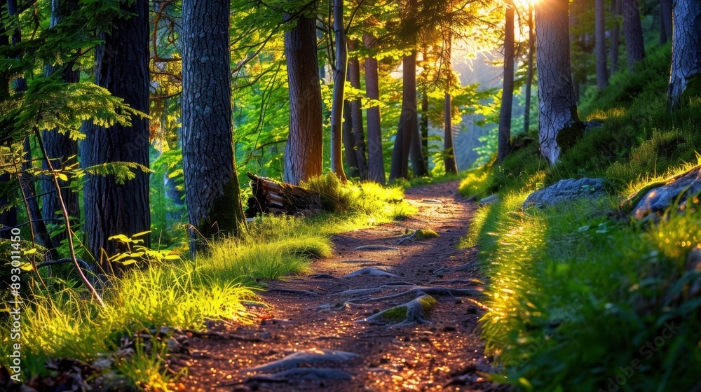 Fototapeta premium Forest path, dappled sunlight,