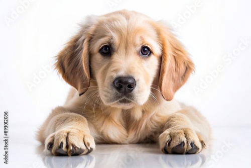 Golden retriever puppy lying down with paws stretched out wide, adorable, pet, cute, Golden retriever, puppy