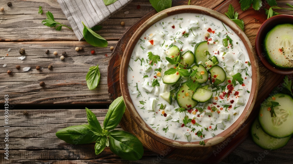 Spicy Raita with Herbs and Cucumber in Bowl - Close-Up Top View Spicy Raita with Herbs and Cucumber in Bowl - Close-Up Top View