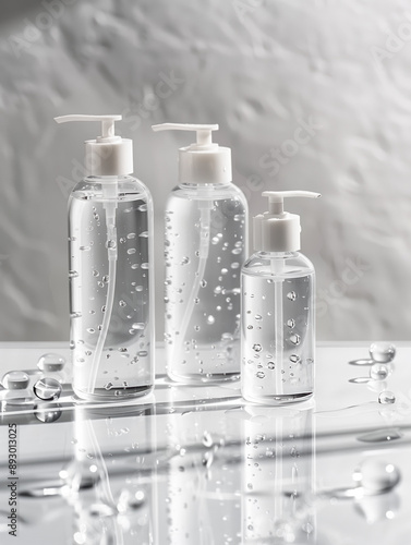 Minimalistic Skincare Product Advertisement in 3D Rendering with White and Transparent Plastic Bottles for High Fashion Editorial Look photo