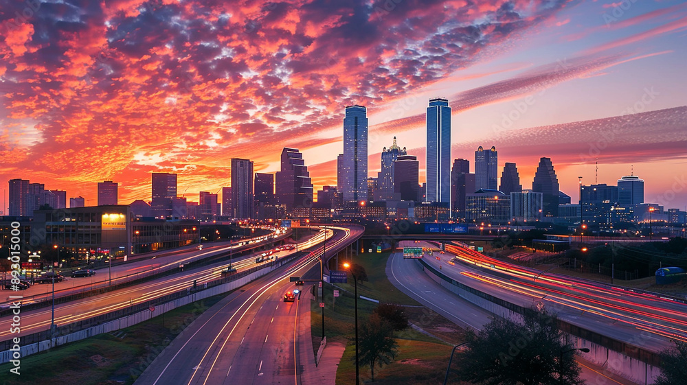 Fototapeta premium A busy city skyline at sunset