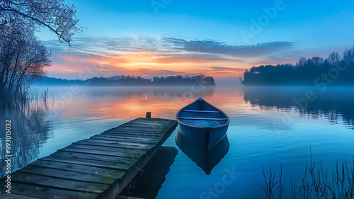 Quiet beauty of early morning by the water, with gentle mist hovering over the surface