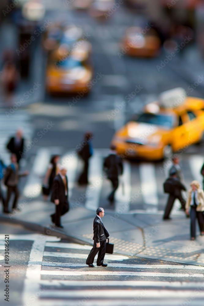 Fototapeta premium A mini figure businessman crossing a busy intersection in the city, briefcase in hand, surrounded by other pedestrians.