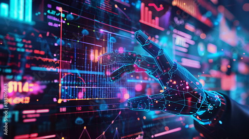 Robot hand interacting with digital screen graphs, suitable for technology presentations, data analysis concepts, and futuristic design projects.