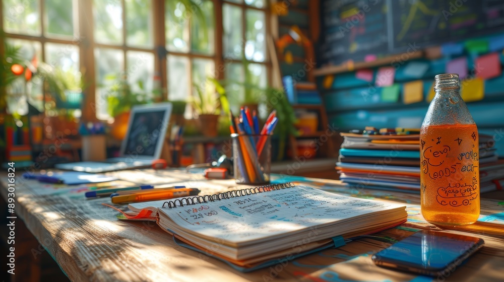A Wooden Table With a Notebook, Phone, Pencils and Other Items on It - Generative AI A Wooden Table With a Notebook, Phone, Pencils and Other Items on It - Generative AI