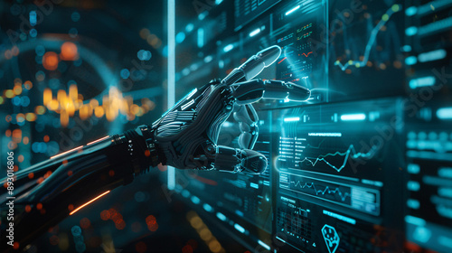 Robotic hand interacting with digital screen displaying data. Suitable for technology, AI, robotics, data analysis concepts in design projects.