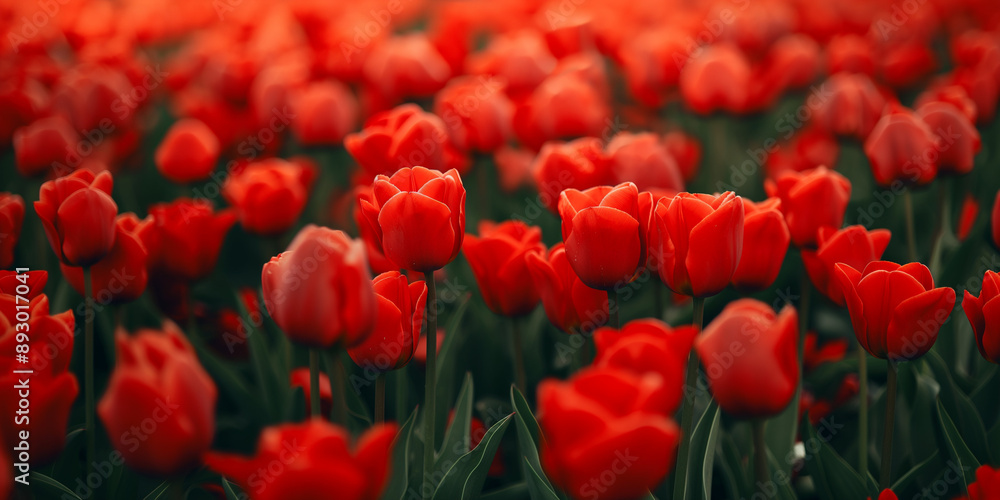 Fototapeta premium Lively fresh tulip fields, vivid green foliage and bright red tulip flowers