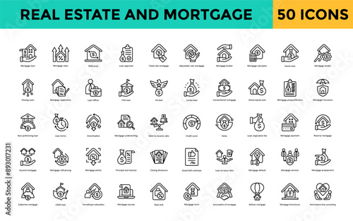 Real estate and mortgage icon set with home buying, property search, house hunting, real estate investment, open house, listing agent, closing process, home inspection icon. Simple line vector 

