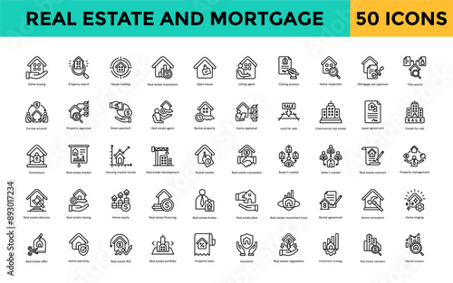 Real estate and mortgage icon set with mortgage loan, mortgage rates, refinance, loan approval, fixed rate mortgage, adjustable rate mortgage, mortgage broker icon. Simple line vector 
