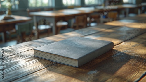 A Gray Book Sits on a Wooden Table in a Room With Lots of Windows - Generative AI