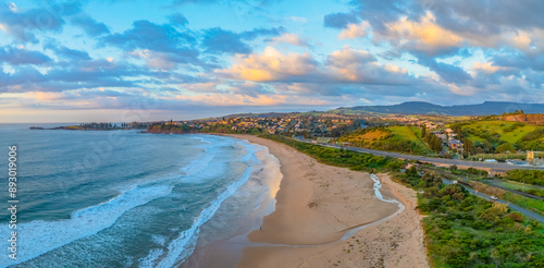 Aerial sunrise views over Bombo Beach at Kiama