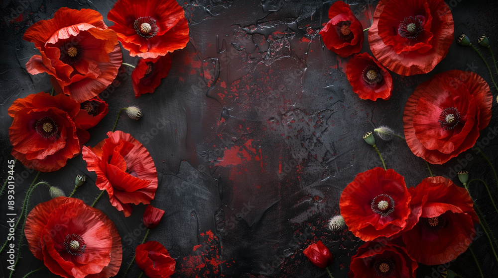 Beautiful Red Poppies on Dark Background with Textured Surface Beautiful Red Poppies on Dark Background with Textured Surface