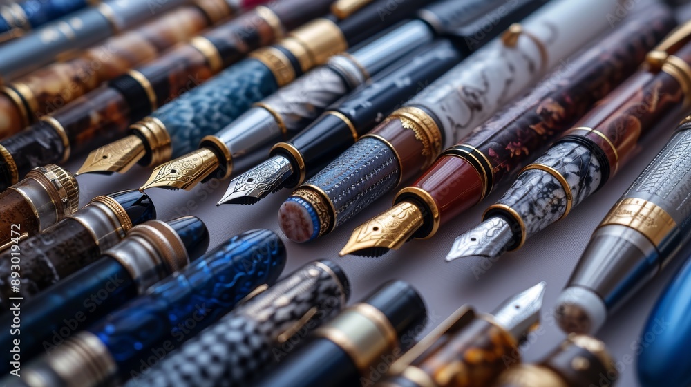 A Close up of a Variety of Fountain Pens and Other Writing Utensils - Generative AI A Close up of a Variety of Fountain Pens and Other Writing Utensils - Generative AI