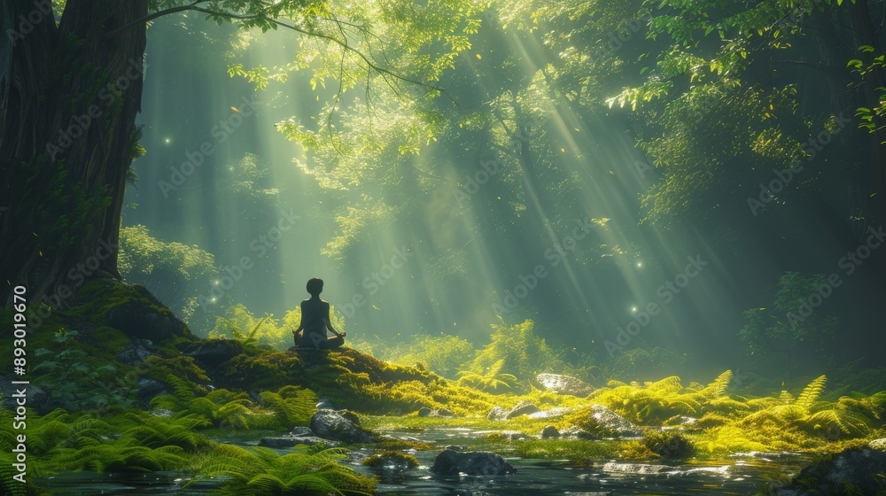 A Person Sitting in the Middle of a Lush Green Forest With Sunlight Streaming Through the Trees - Generative AI