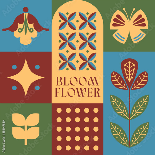 Spring Blooming Flower seamless pattern in scandinavian style postcard with Retro clean concept design 15