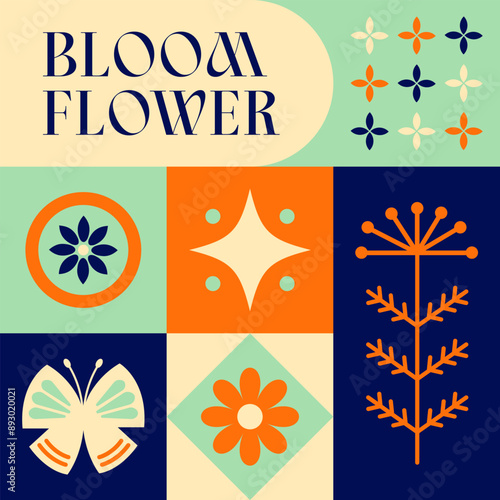 Spring Blooming Flower seamless pattern in scandinavian style postcard with Retro clean concept design 19