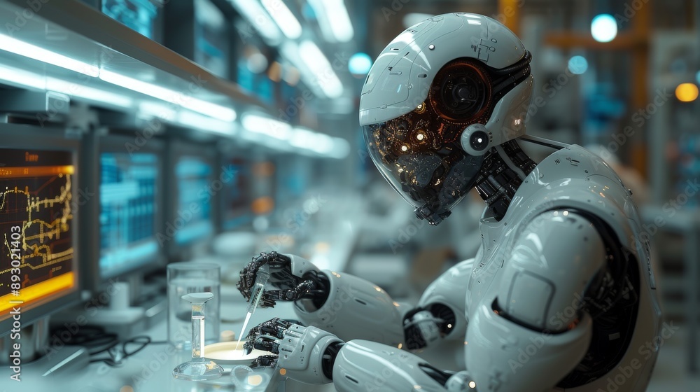 A Robot in a Lab Is Working on a Computer Screen With a Glass of Water in Front of Him - Generative AI A Robot in a Lab Is Working on a Computer Screen With a Glass of Water in Front of Him - Generative AI