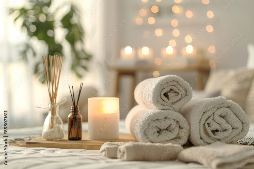 Spa Relaxation with Towels and Candles on a Bed Spa Relaxation with Towels and Candles on a Bed