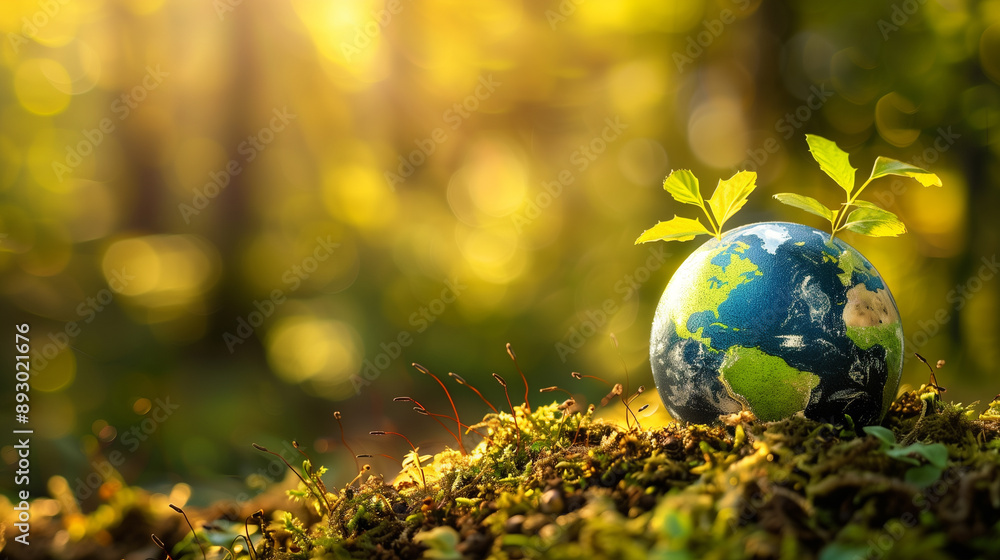 Small plant growing next to a globe in a lush forest environment Small plant growing next to a globe in a lush forest environment