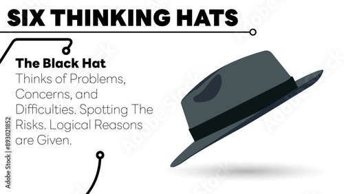 Illustration of The Black Hat. The black hat from Six Thinking Hats about caution and judgement. Illustration for slide presentation or web banner. Vector illustration. All in a single layer.
