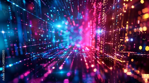 digital, abstract representation of data flow. It features a dark background with a central chip-like structure composed of blurred, neon-colored lines.
