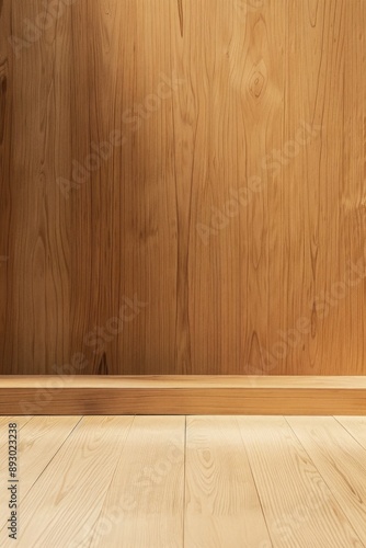 A stage with a smooth, light wood floor and a matching wooden backdrop, creating a warm, minimalist setting.  © grey