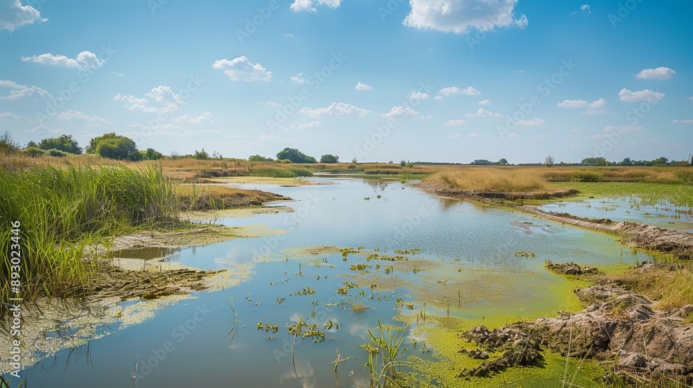 Search by image or video Wetland with drought problems due to high temperatures. Climate change, exploitation of natural resources