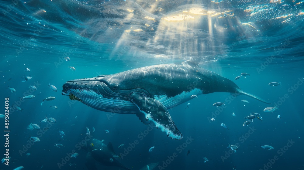 Fototapeta premium A Large Whale Swimming in the Ocean With Many Small Fish Swimming Around It's Tail - Generative AI