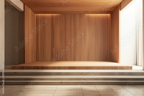 A stage with a smooth, light wood floor and a matching wooden backdrop, creating a warm, minimalist setting.  © grey