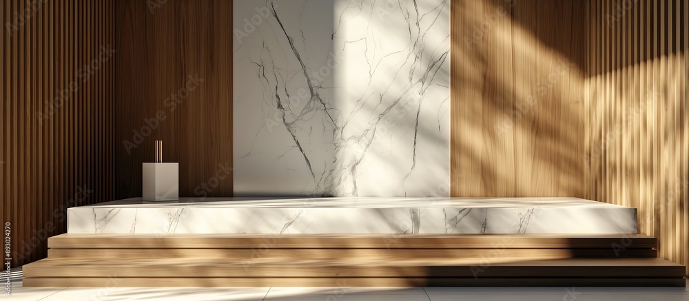 Marble and Wood Display A display platform combining elegant white marble and warm natural wood, perfect for a sophisticated product presentation. Marble and Wood Display A display platform combining elegant white marble and warm natural wood, perfect for a sophisticated product presentation.