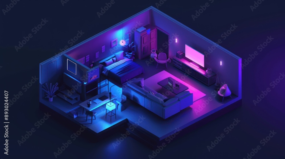 Modern Apartment Interior with Neon Lights Modern Apartment Interior with Neon Lights