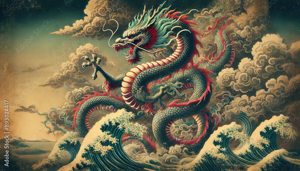 Fototapeta premium 墨絵、日本画、浮世絵／龍（ドラゴン）