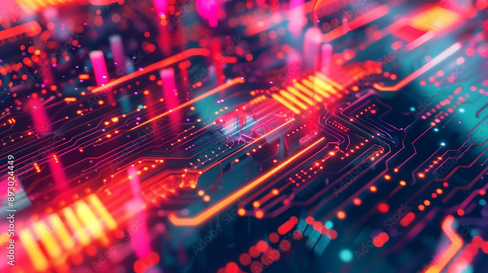digital, abstract representation of data flow. It features a dark background with a central chip-like structure composed of blurred, neon-colored lines. digital, abstract representation of data flow. It features a dark background with a central chip-like structure composed of blurred, neon-colored lines.