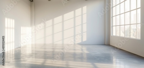 Bright empty loft with large windows casting natural light and shadows on polished concrete floor, ideal for creative spaces and shoots. stylish rental workspace with thoughtful design elements