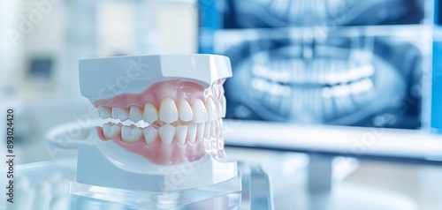 Close-up of a dental model showcasing teeth alignment in a modern dental clinic with X-ray images in the background. healthcare at our state-of-the-art dentistry clinic photo