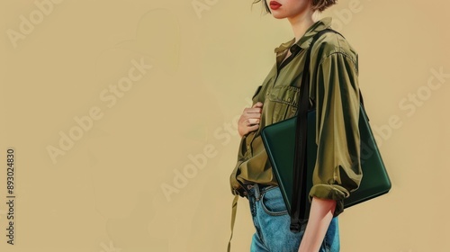 Woman Wearing Green Shirt and Blue Jeans with a Green Bag