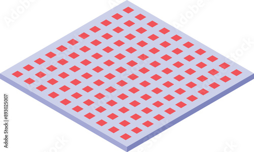 Isometric view of a perforated surface with square holes forming a grid pattern