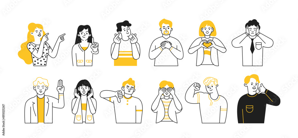Characters gesturing doodle line and color cartoon illustration set. Communication signs of body linear sketch vector people collection Characters gesturing doodle line and color cartoon illustration set. Communication signs of body linear sketch vector people collection