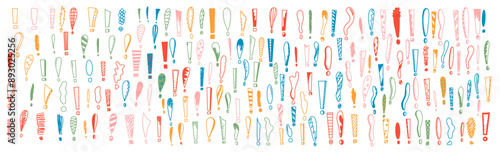 Colorful hand-drawn exclamation marks in line vector icons bundle. Doodle style each with unique emphasizing dynamic appearance on white background