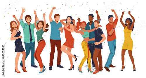 Fun-filled dance party with multiethnic clubbers cartoon. Energetic pack of flat illustrations depicting partygoers having great time on white background