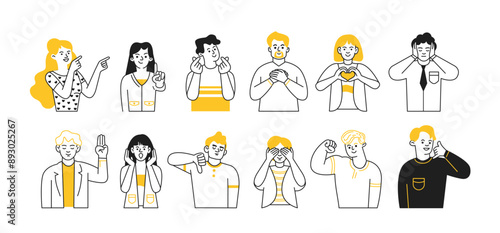 Characters gesturing doodle line and  color cartoon illustration set. Communication signs of body linear sketch vector people collection