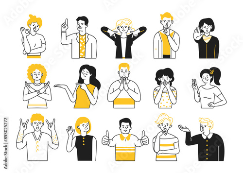 People expressing feeling and attitudes with gestures doodle line and color illustration set. Hand signs linear sketch vector people collection