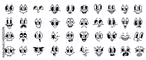 Vintage cartoon faces icon set on white background. Thin line vector style perfect for creating retro emoji and facial emotion graphics