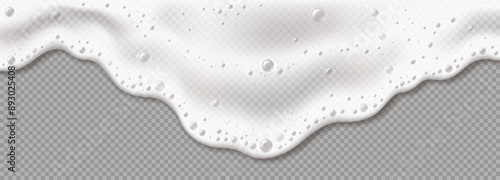 Foam wave flowing realistic vector illustration. Cleaning home. Chemical detergent froth pouring 3d object on transparent background