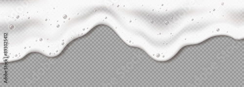 Foam cleaning detergent flow realistic vector illustration. Hygienic supplies. Wavy froth pouring 3d object on transparent background
