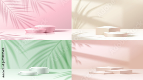 Empty podiums with palm tree leaves shadows realistic vector illustration set. Product presentation displays 3d objects on color background