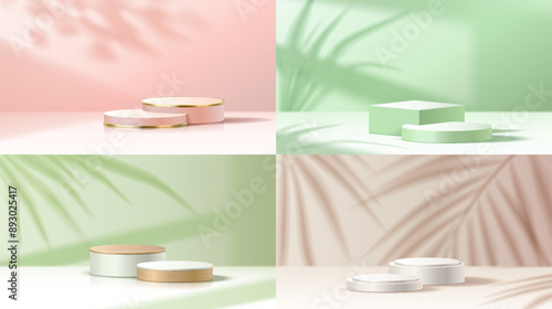 Empty podiums with palm tree leaves shadows realistic vector illustration set. Product presentation displays 3d objects on color background