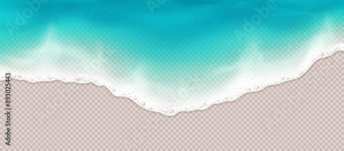 Sea wave with foam rolling on coast realistic vector illustration. Ocean lagoon top view. Exotic beach surf line 3d object on transparent background